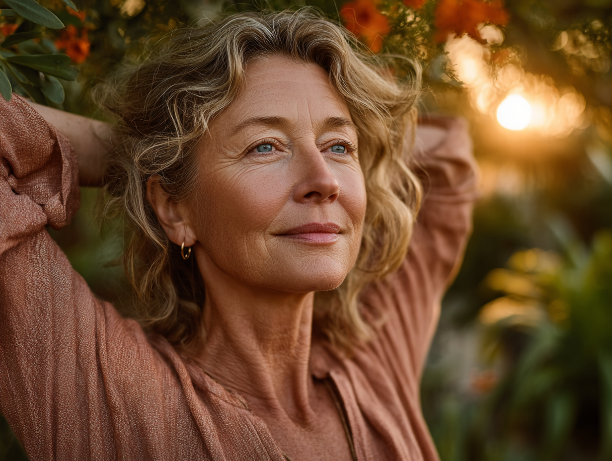 Усміхнена жінка європейської зовнішності, 35-45 років, в спортивному одязі, виконує легкі вправи для суглобів на свіжому повітрі