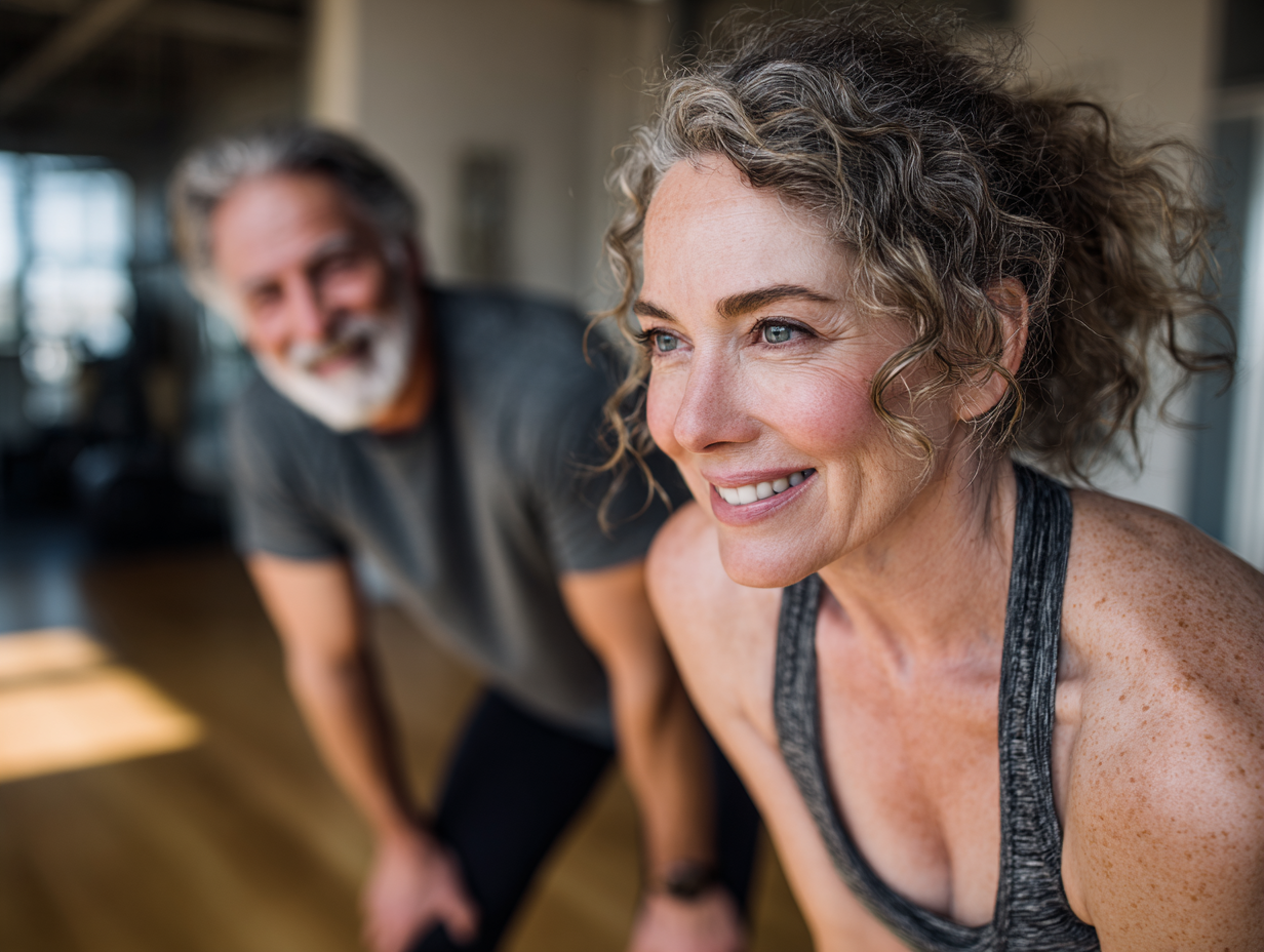 Усміхнений чоловік європейської зовнішності, 30-40 років, в офісному одязі, демонструє правильну поставу та виконує вправи для суглобів на робочому місці